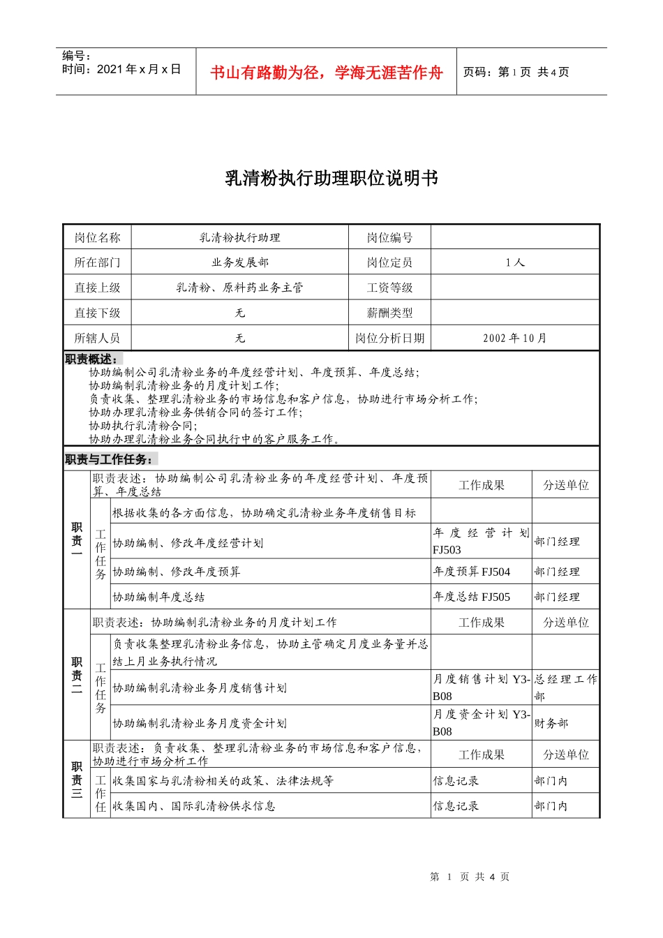 煤炭行业-集团公司-业务发展部-乳清粉执行助理岗位说明书_第1页