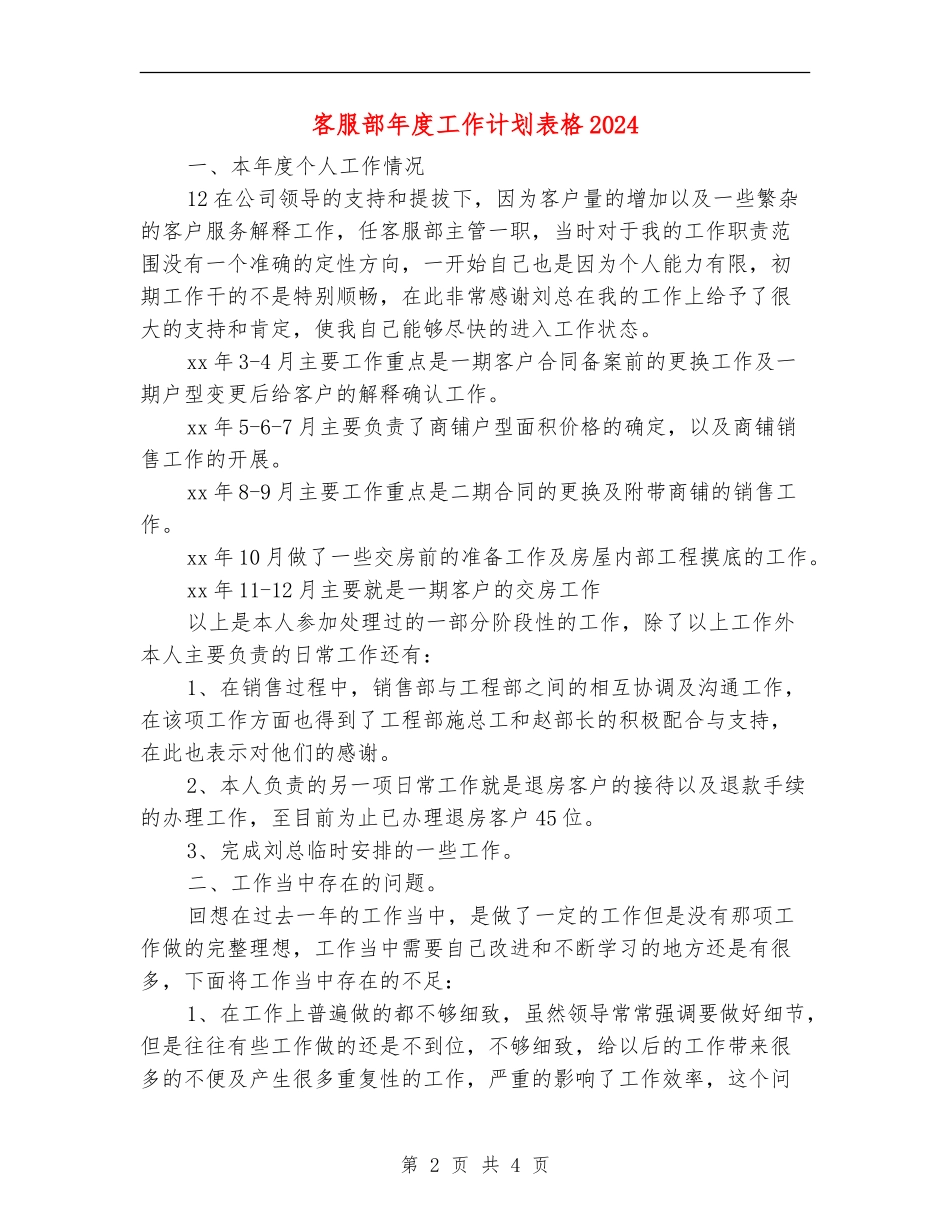 客服部年度工作计划表格2024_第2页