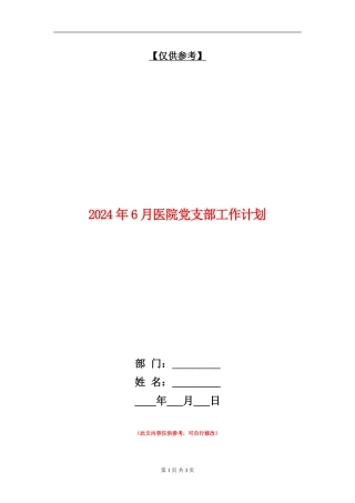 2024年6月医院党支部工作计划