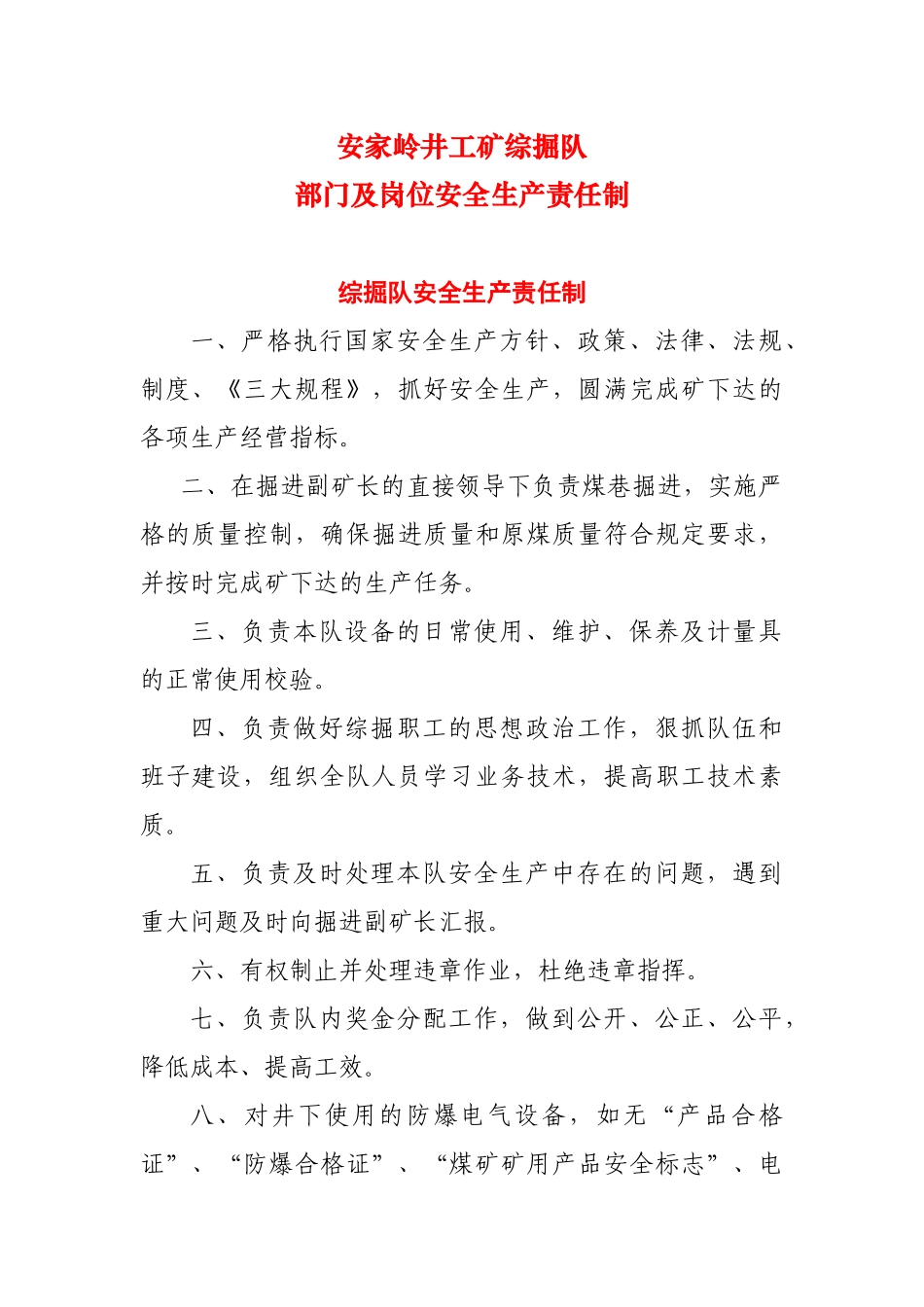 综掘队部门及岗位安全职责_第1页