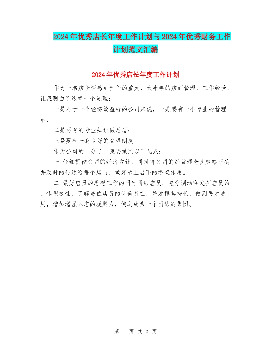 2024年优秀店长年度工作计划与2024年优秀财务工作计划范文汇编_第1页