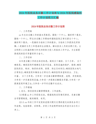 2024年医院总务后勤工作计划表与2024年医院感染科工作计划范文汇编