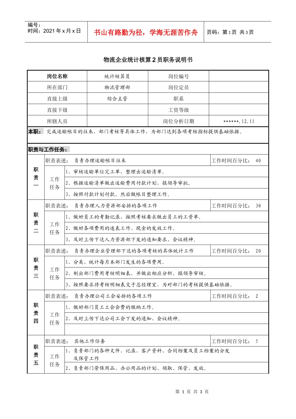物流企业统计核算员2职务说明书_第1页