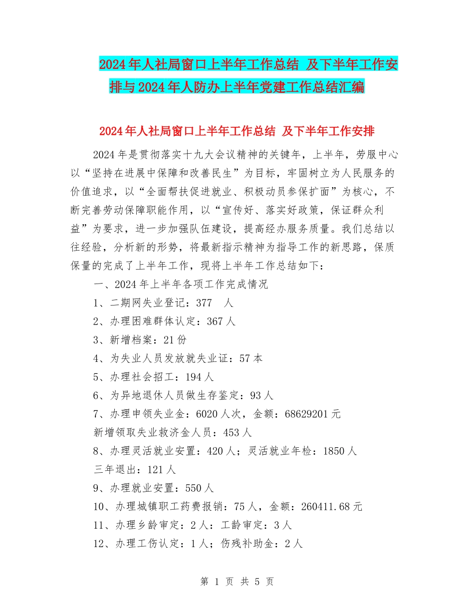 2024年人社局窗口上半年工作总结-及下半年工作安排与2024年人防办上半年党建工作总结汇编_第1页