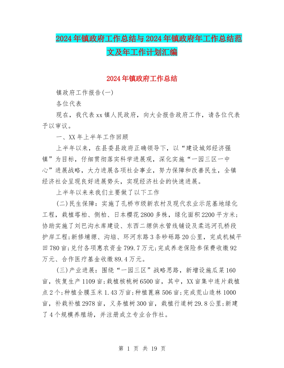 2024年镇政府工作总结与2024年镇政府年工作总结范文及年工作计划汇编_第1页