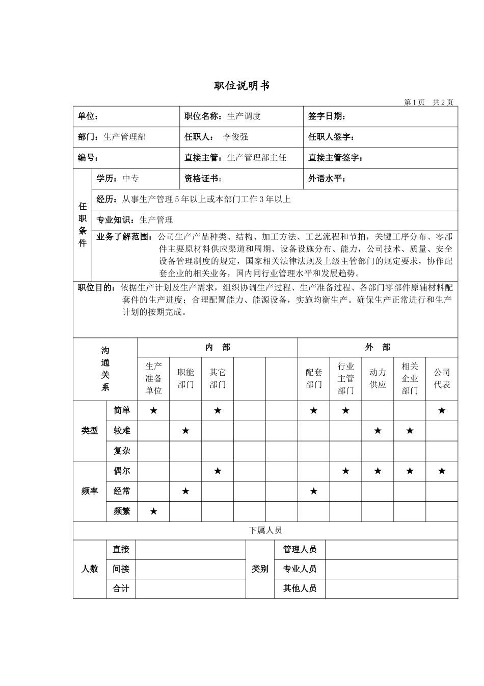 生产管理部生产调度岗位说明书_第1页