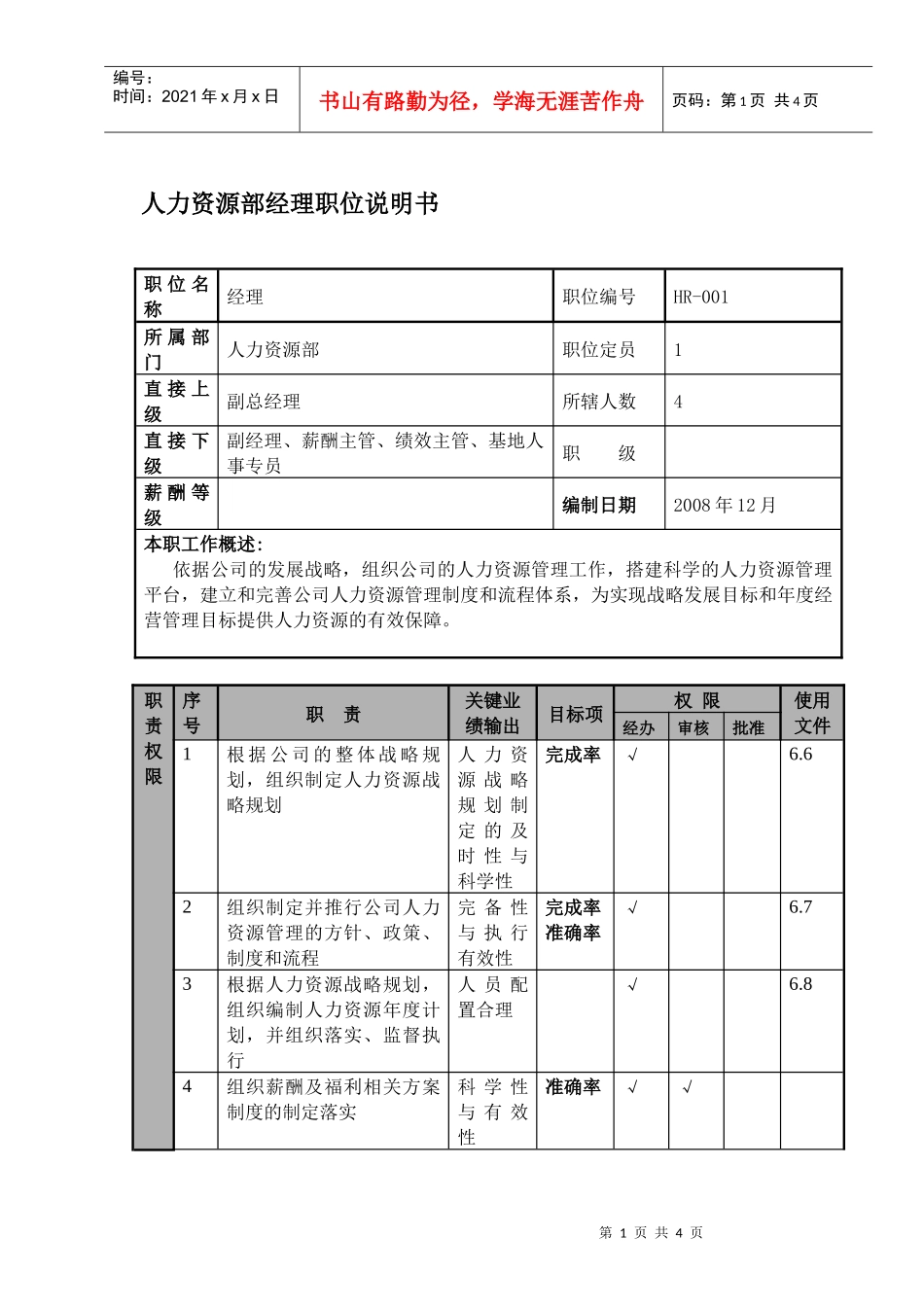 物流公司人力资源部经理职位说明书及关键绩效标准_第1页