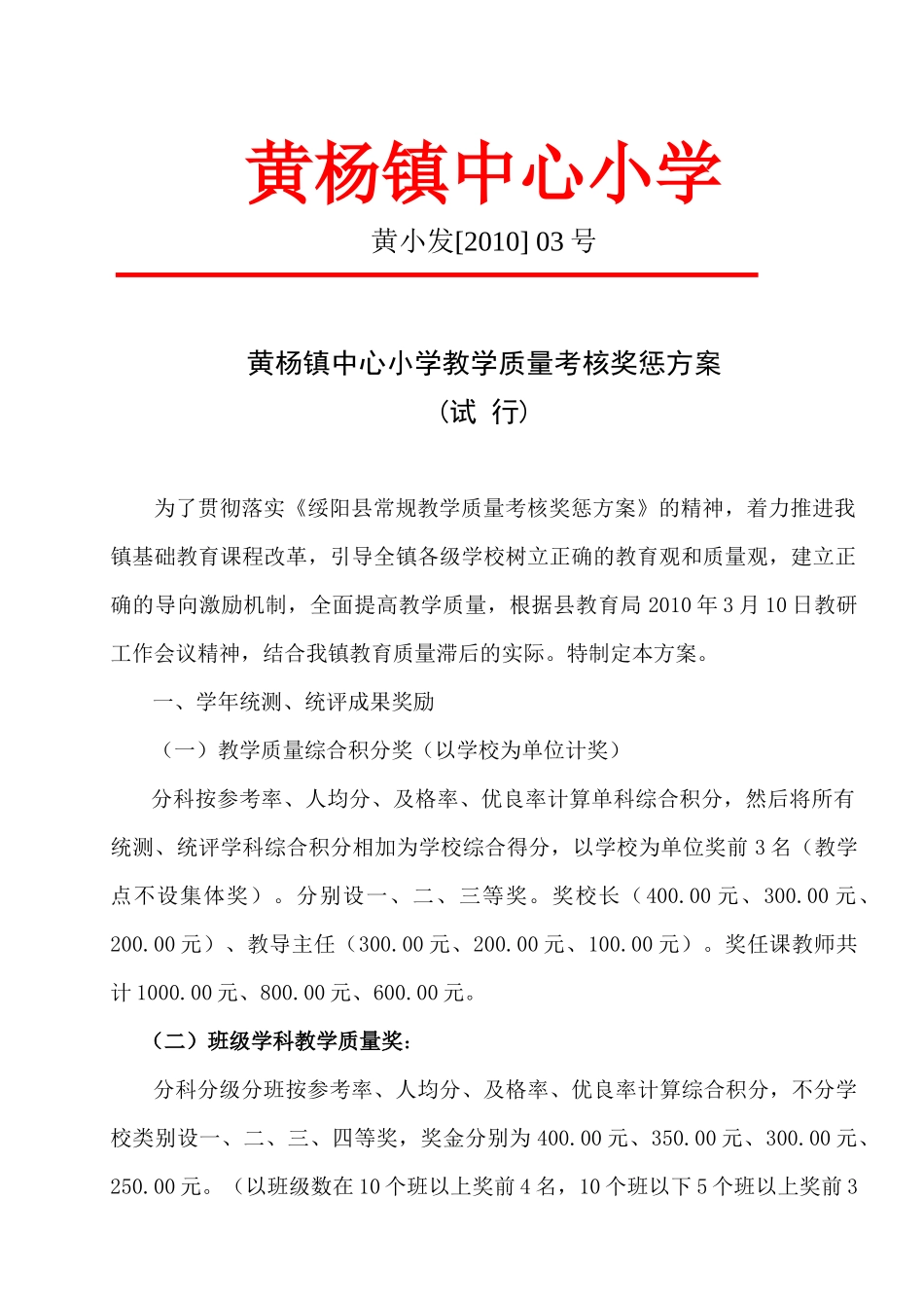 某小学教学质量考核奖惩方案解析_第1页