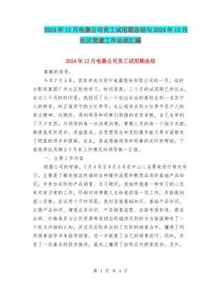 2024年12月电器公司员工试用期总结与2024年12月社区党建工作总结汇编