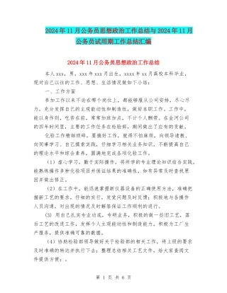 2024年11月公务员思想政治工作总结与2024年11月公务员试用期工作总结汇编