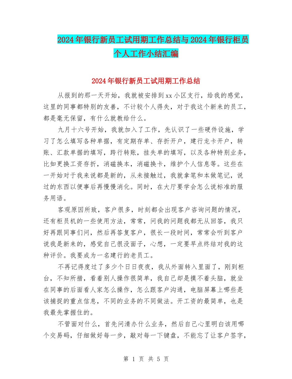 2024年银行新员工试用期工作总结与2024年银行柜员个人工作小结汇编_第1页