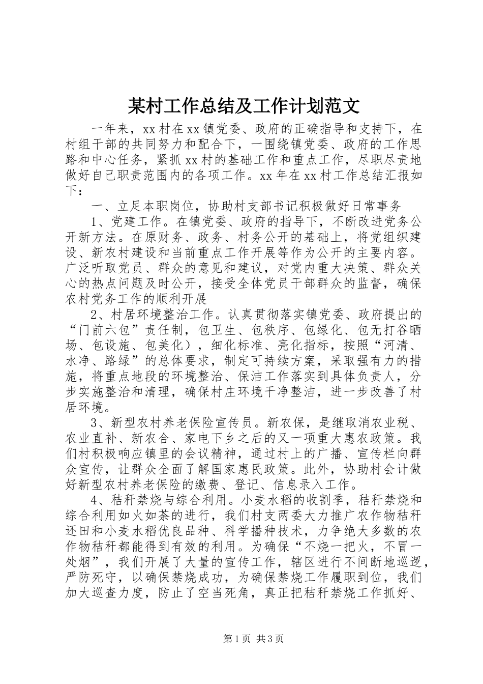 某村工作总结及工作计划范文_第1页