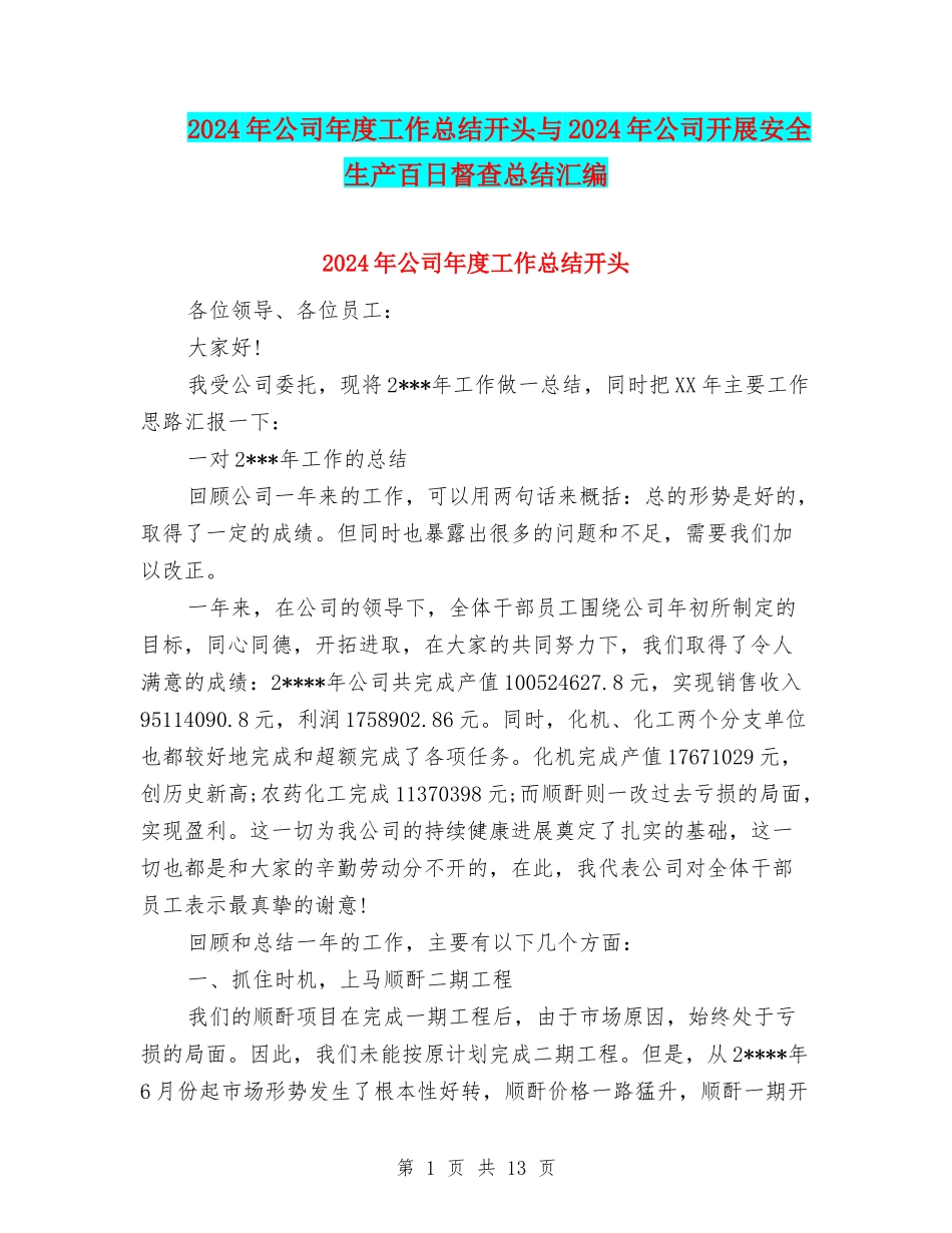 2024年公司年度工作总结开头与2024年公司开展安全生产百日督查总结汇编_第1页