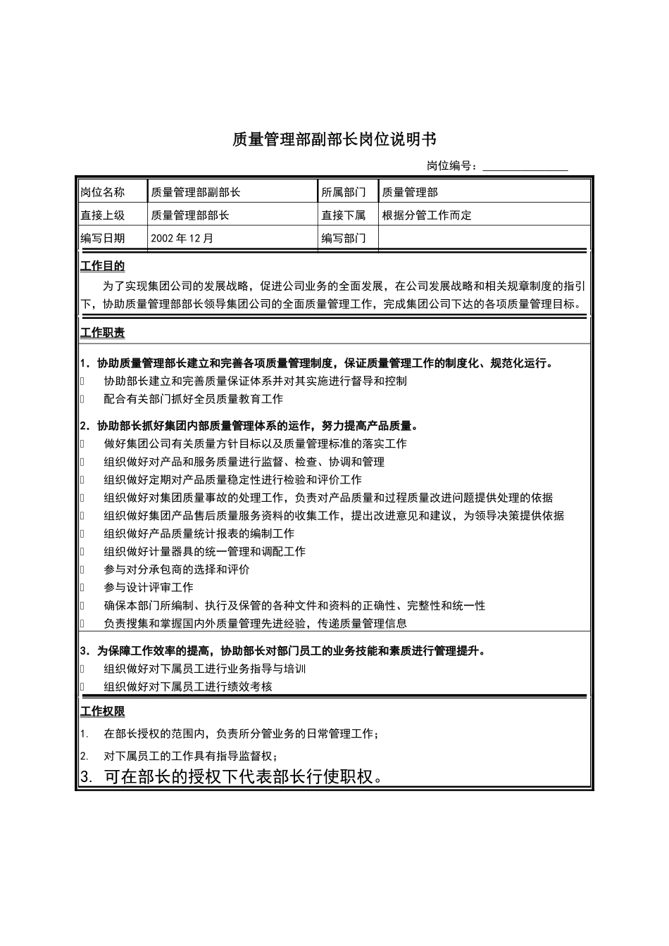 质量管理部副部长岗位说明书_第1页