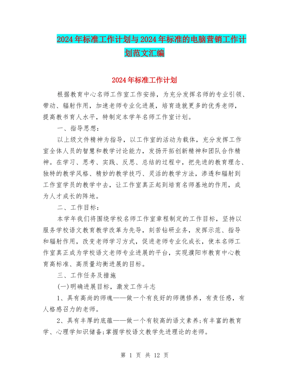 2024年标准工作计划与2024年标准的电脑营销工作计划范文汇编_第1页