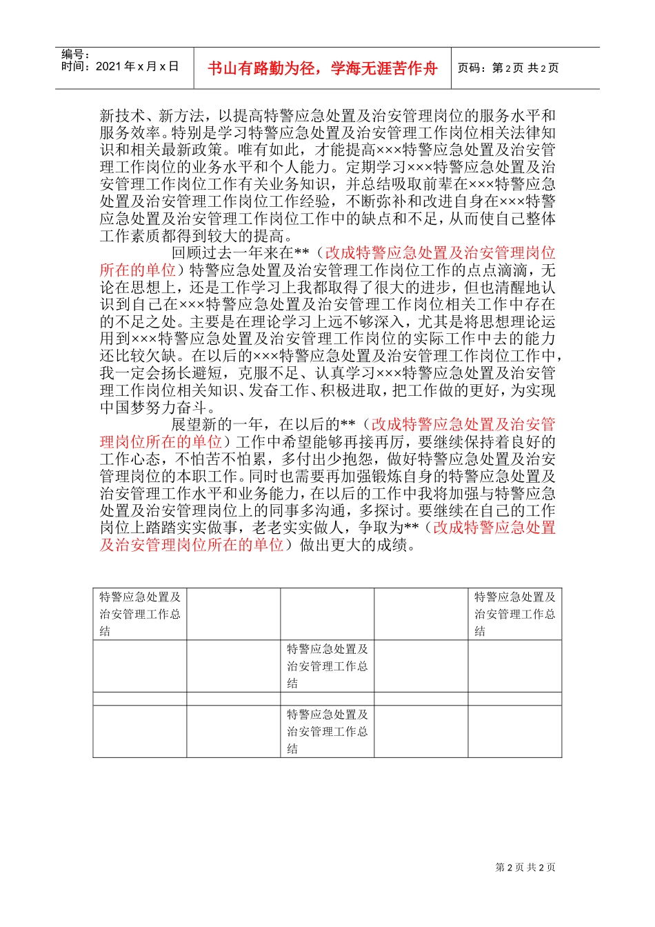 特警应急处置及治安管理工作岗位年度个人工作总结(DOC4页)_第2页
