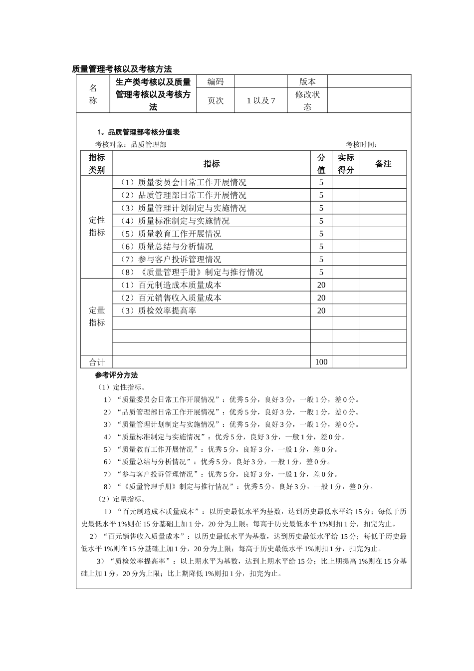 质量管理考核以及考核方法_第1页