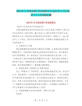 2024年12月党支部工作总结范文与2024年12月公务员个人工作总结汇编