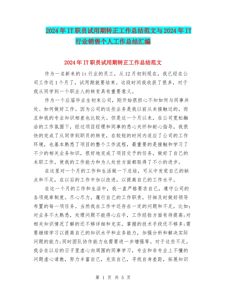 2024年IT职员试用期转正工作总结范文与2024年IT行业销售个人工作总结汇编_第1页