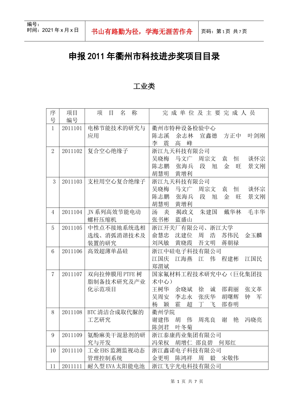 申报XXXX年衢州市科技进步奖项目目录_第1页