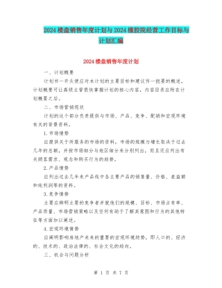 2024楼盘销售年度计划与2024橡胶院经营工作目标与计划汇编