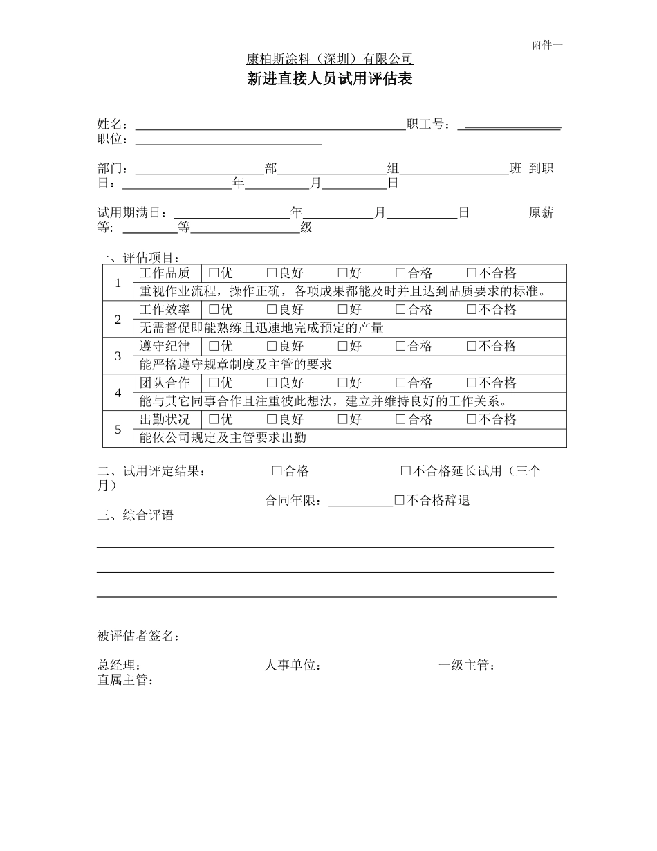 涂料公司新员工各职位评估表_第1页