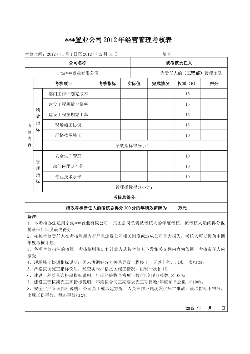 某某置业公司XXXX年经营绩效考核表_第2页