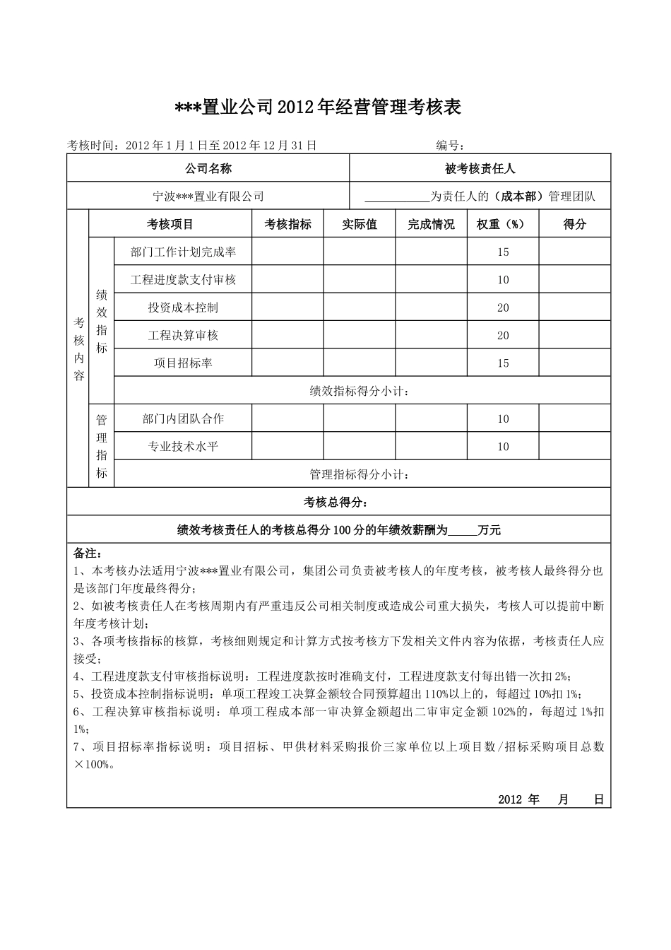 某某置业公司XXXX年经营绩效考核表_第3页