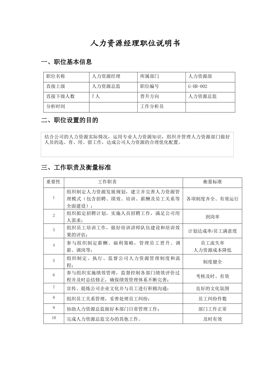 职位说明书（人事经理）_第1页