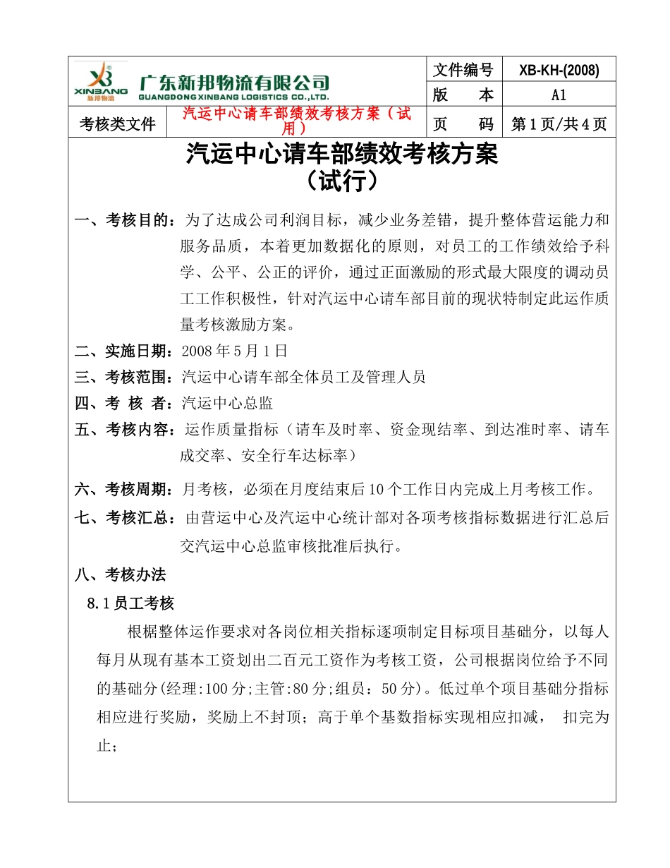 汽运中心请车部绩效考核方案_第1页