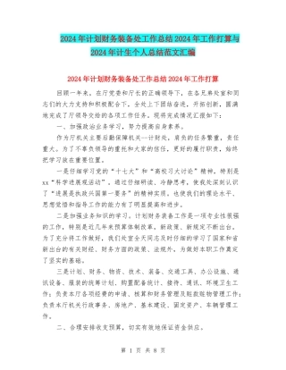 2024年计划财务装备处工作总结2024年工作打算与2024年计生个人总结范文汇编