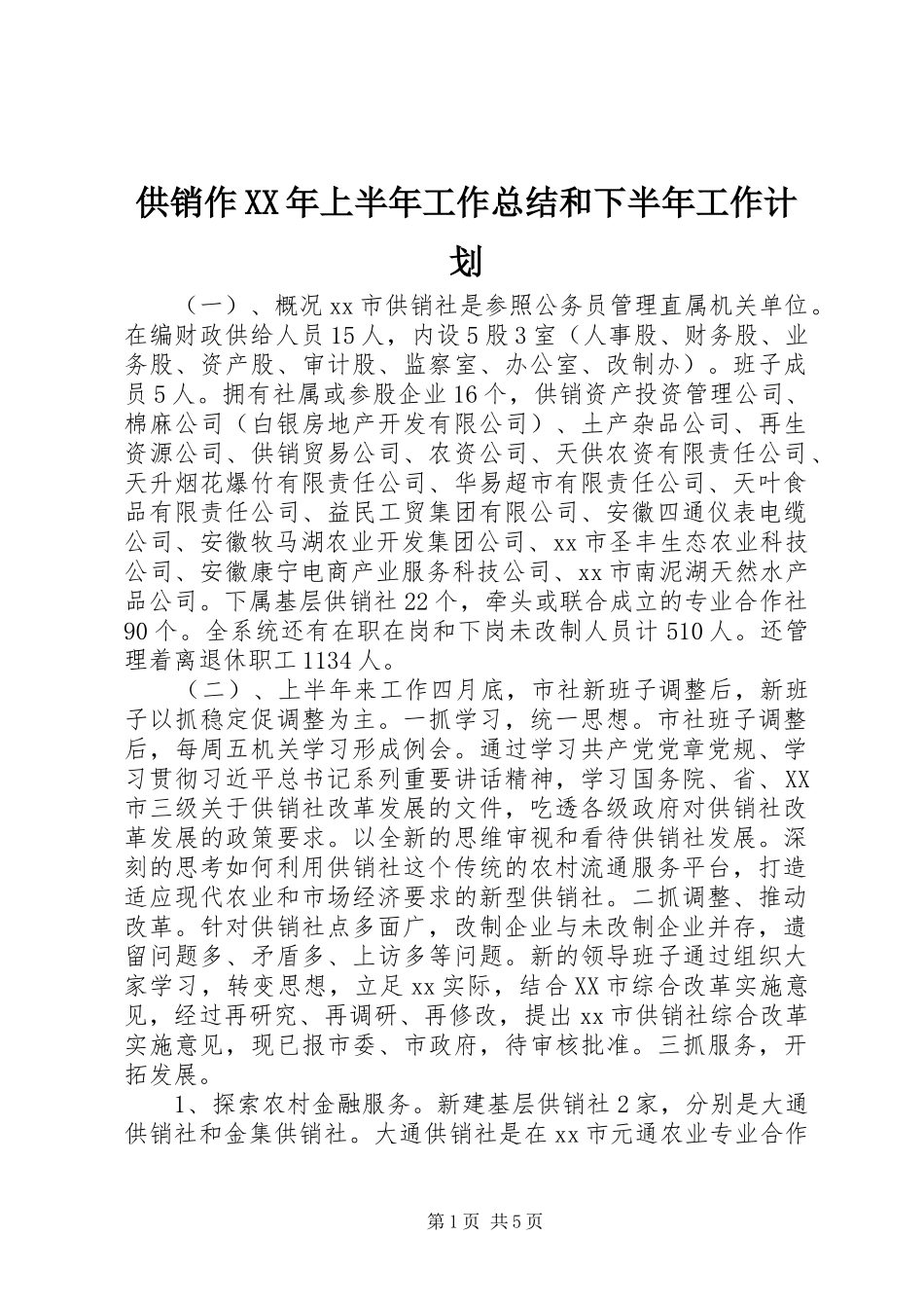 供销作XX年上半年工作总结和下半年工作计划_第1页