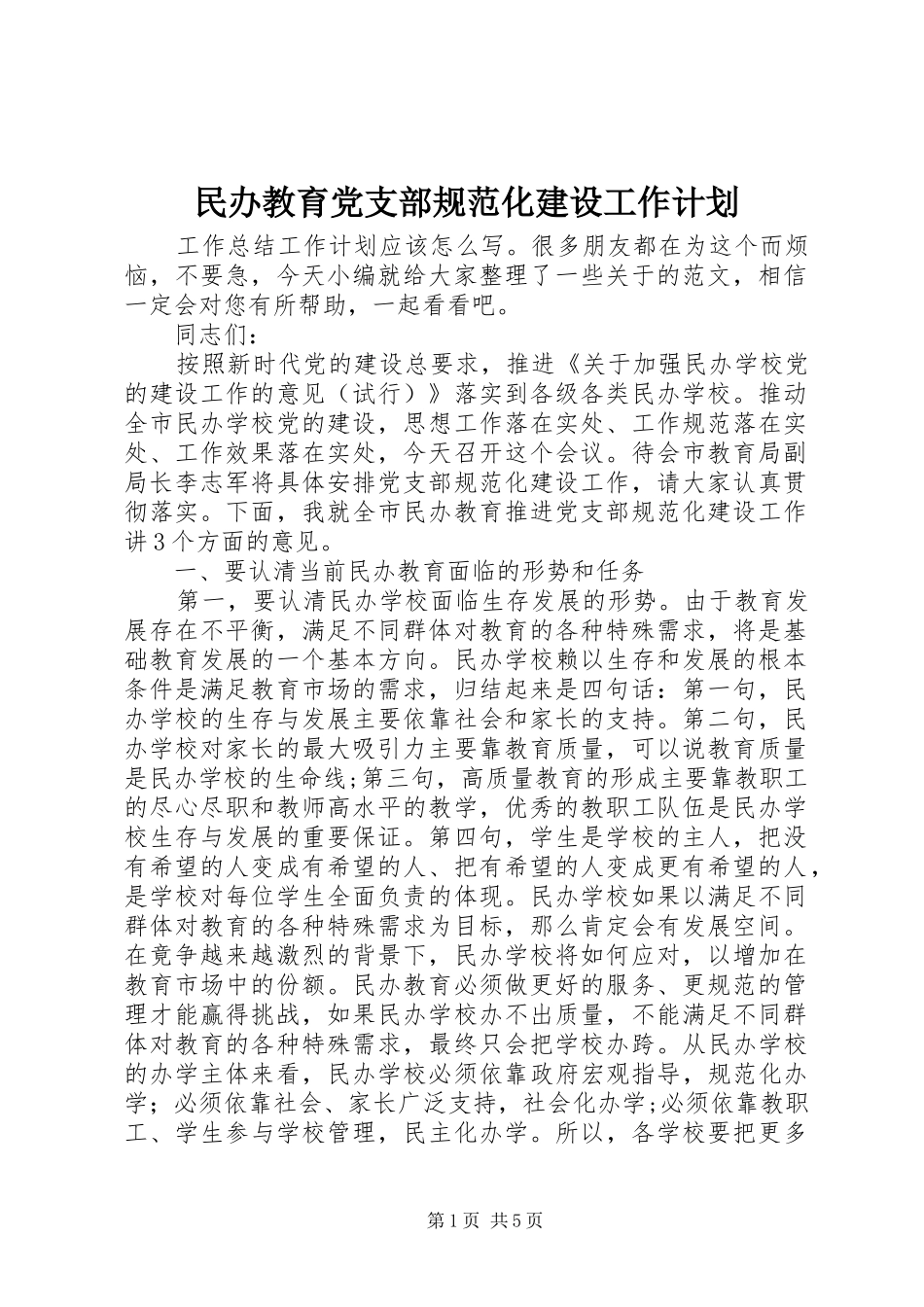 民办教育党支部规范化建设工作计划_第1页
