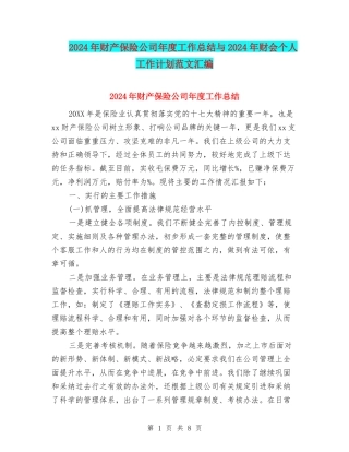 2024年财产保险公司年度工作总结与2024年财会个人工作计划范文汇编