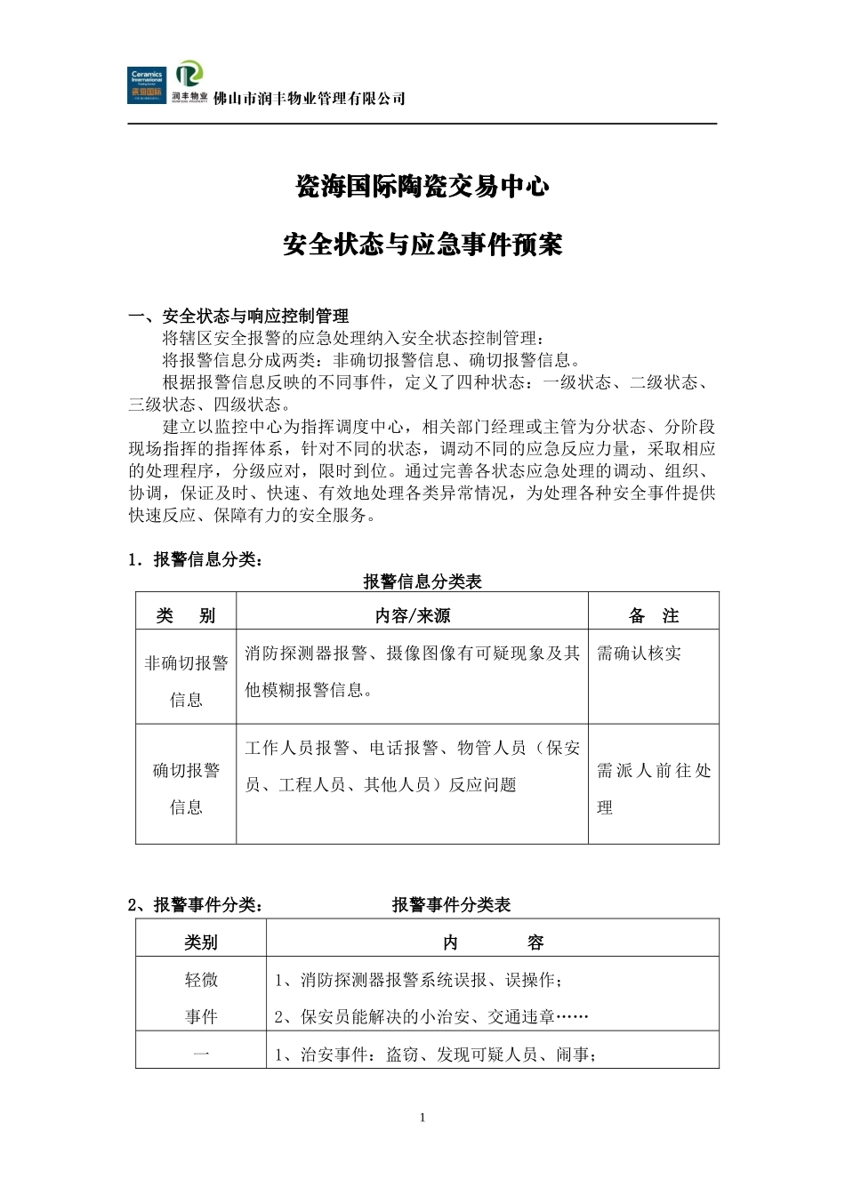 瓷海国际陶瓷交易中心安全状态与应急事件预案_第1页