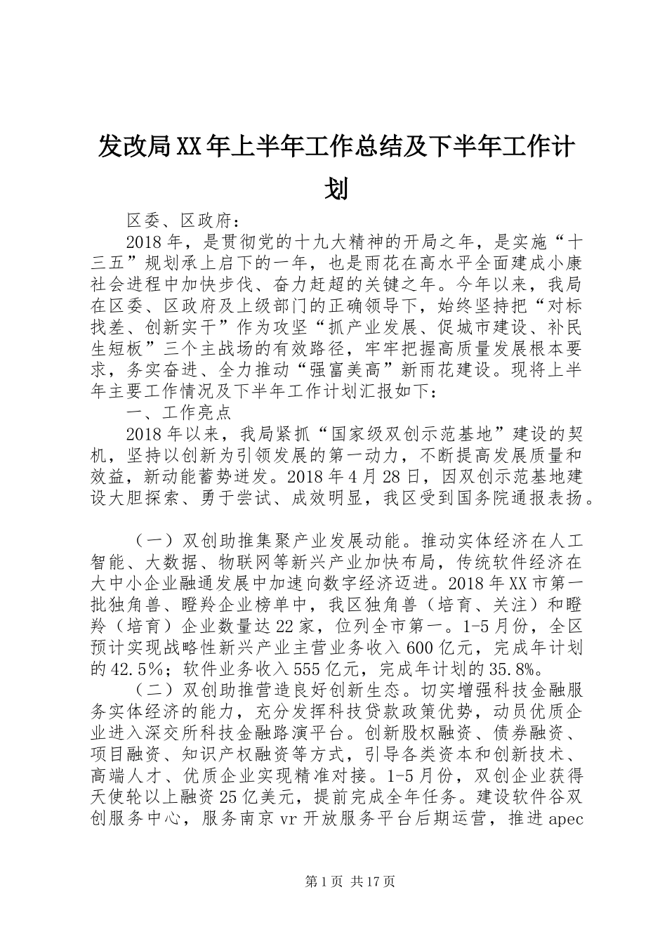 发改局XX年上半年工作总结及下半年工作计划_第1页