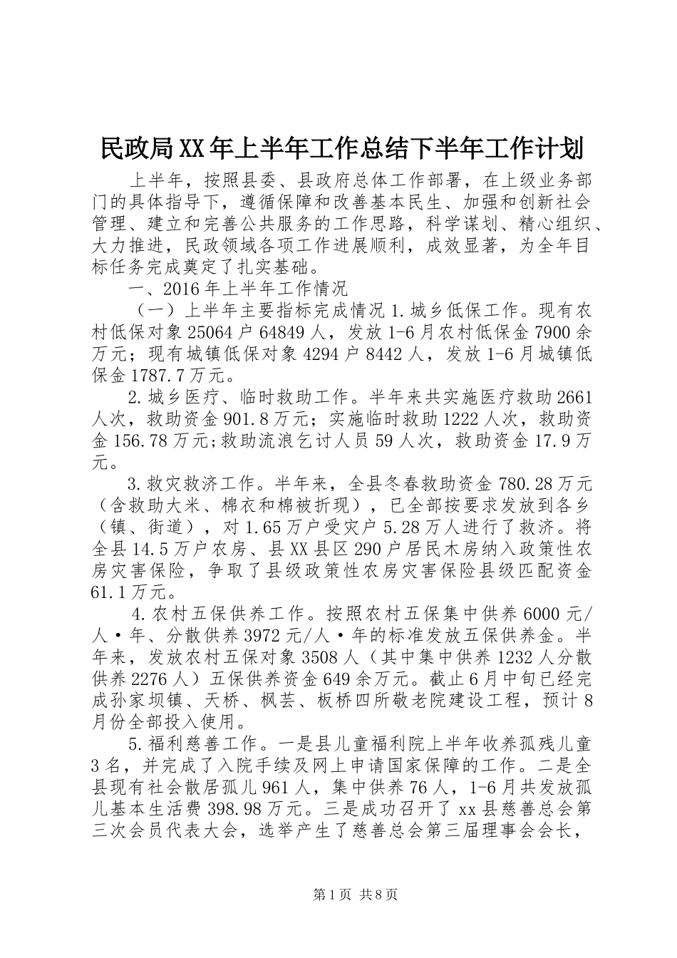 民政局XX年上半年工作总结下半年工作计划_第1页