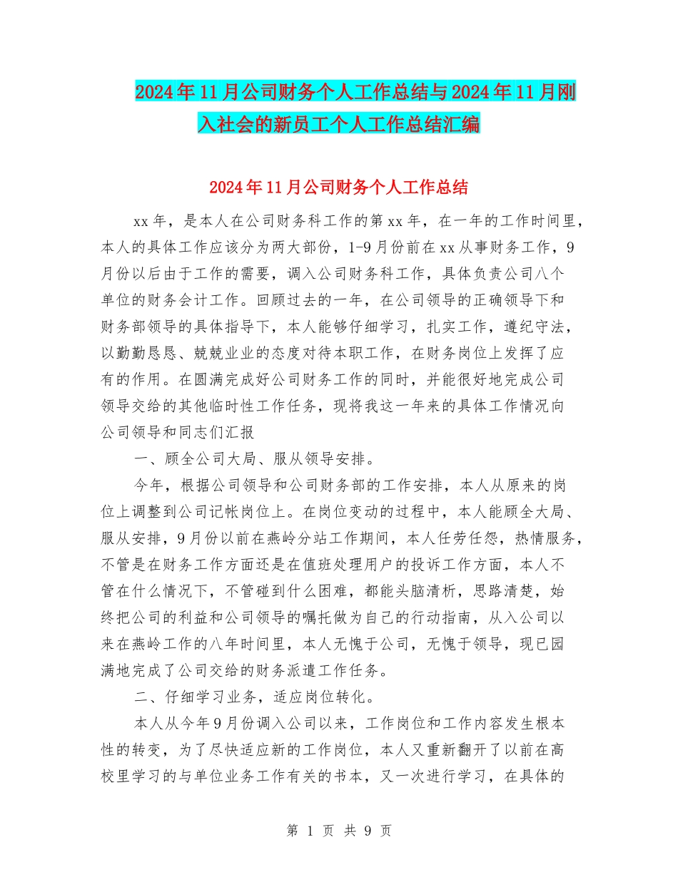 2024年11月公司财务个人工作总结与2024年11月刚入社会的新员工个人工作总结汇编_第1页
