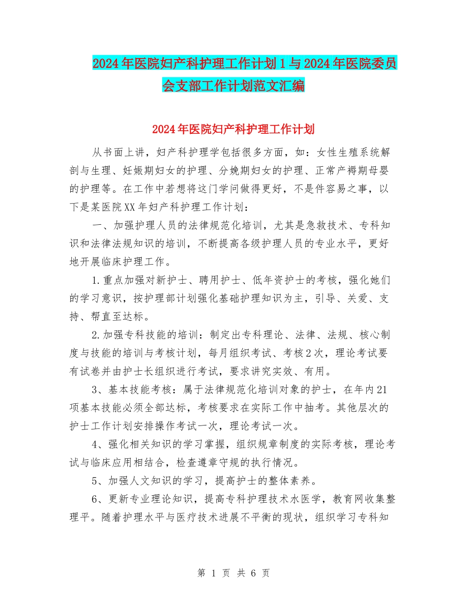 2024年医院妇产科护理工作计划1与2024年医院委员会支部工作计划范文汇编_第1页