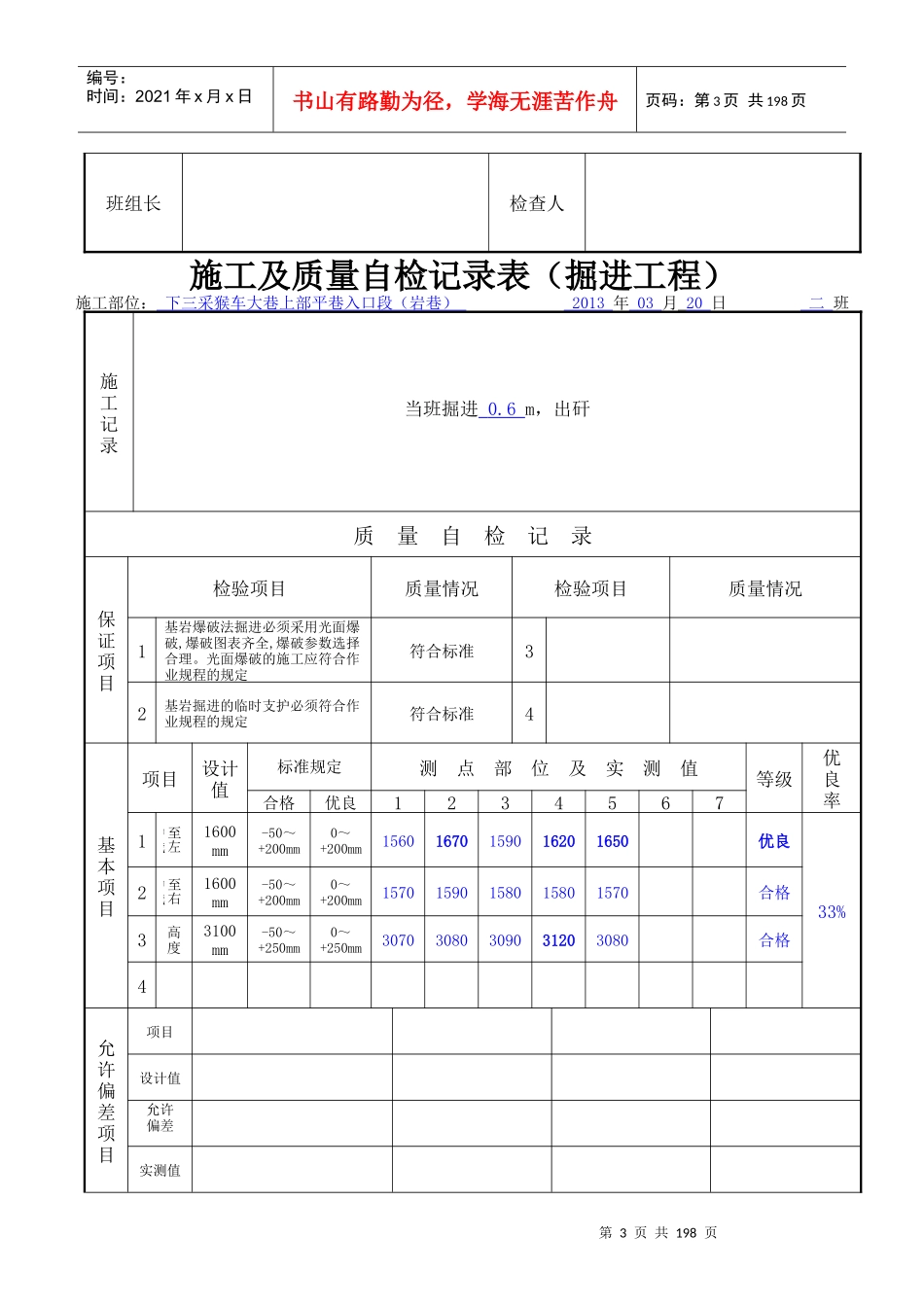 猴车巷施工与自检记录表(上部平巷)_第3页
