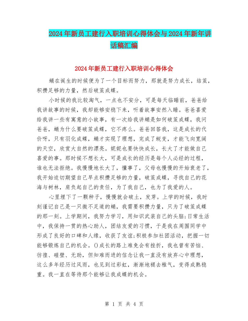 2024年新员工建行入职培训心得体会与2024年新年讲话稿汇编_第1页