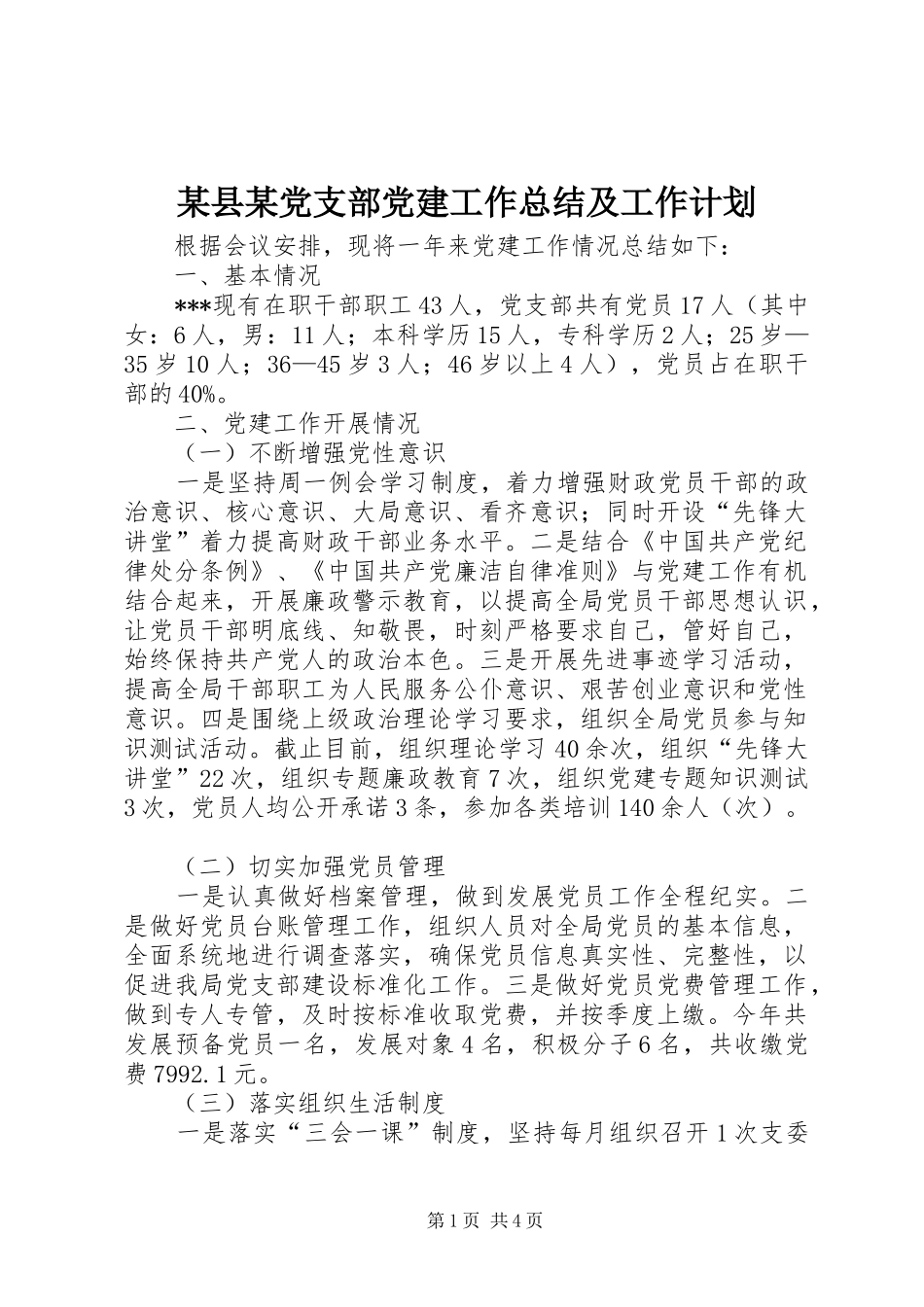 某县某党支部党建工作总结及工作计划_第1页