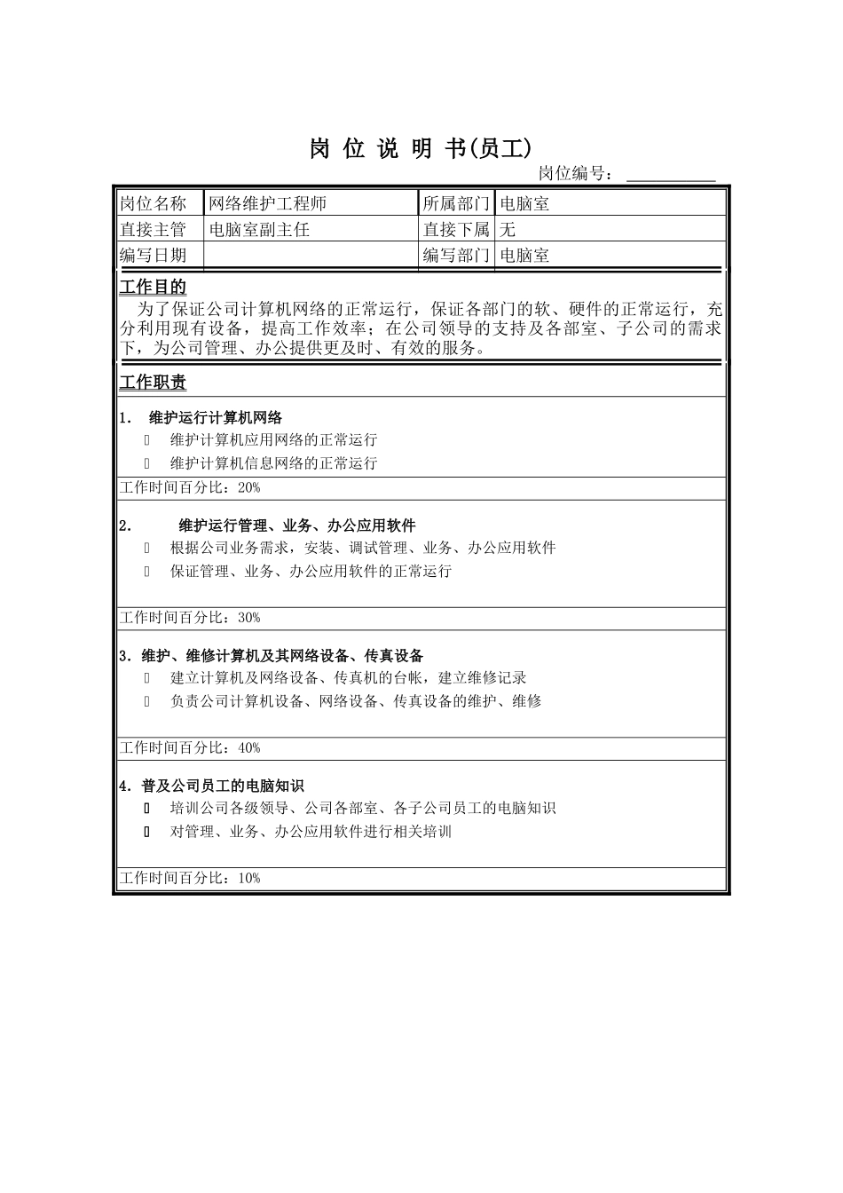 网络维护工程师岗位说明书_第1页