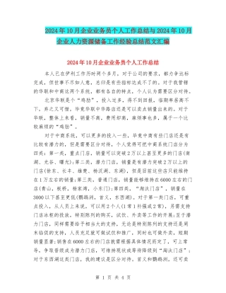 2024年10月企业业务员个人工作总结与2024年10月企业人力资源储备工作经验总结范文汇编