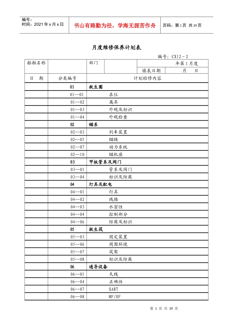 甲板部月度维修保养计划表_第1页