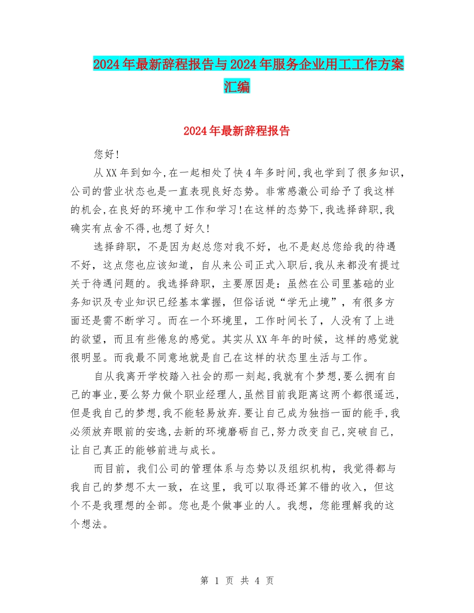 2024年最新辞程报告与2024年服务企业用工工作方案汇编_第1页