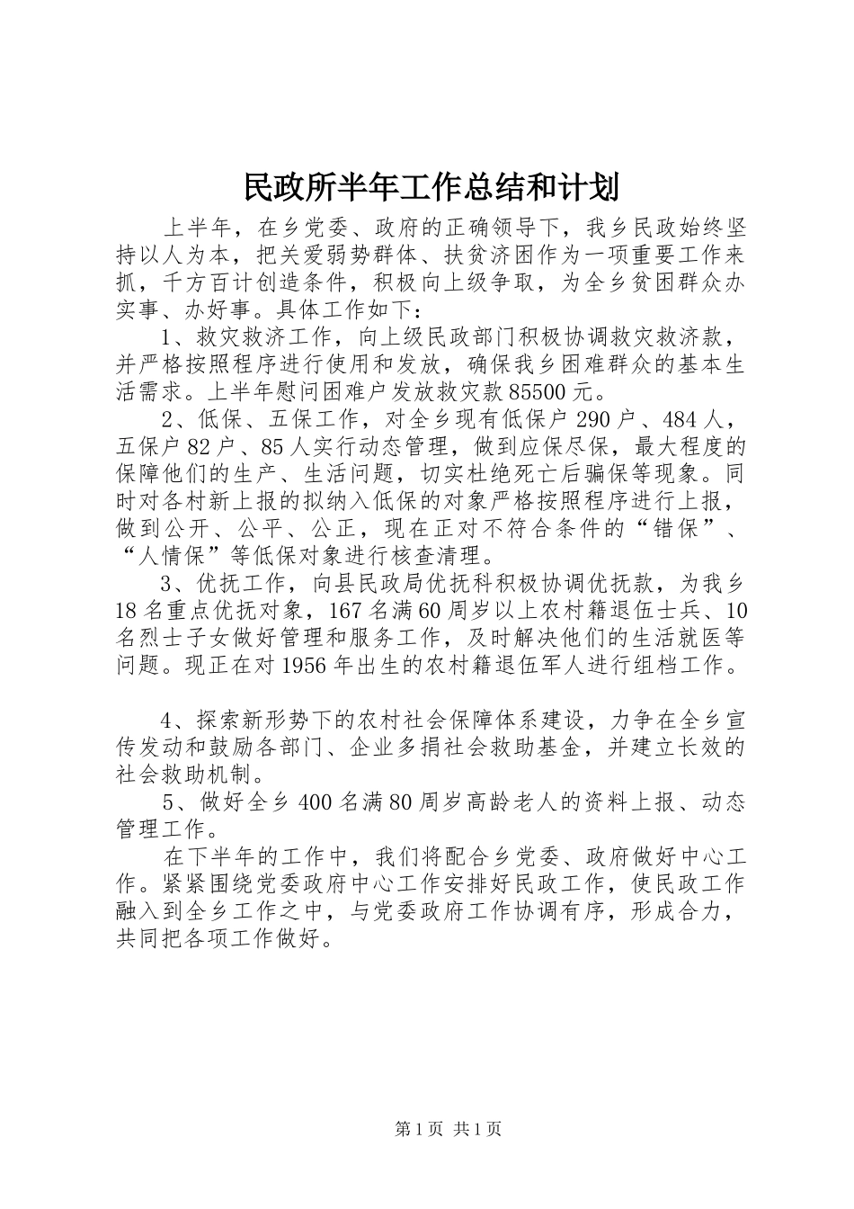 民政所半年工作总结和计划_第1页