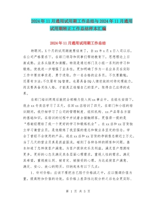 2024年11月通用试用期工作总结与2024年11月通用试用期转正工作总结样本汇编