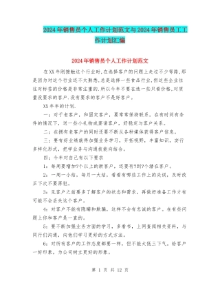 2024年销售员个人工作计划范文与2024年销售员工工作计划汇编