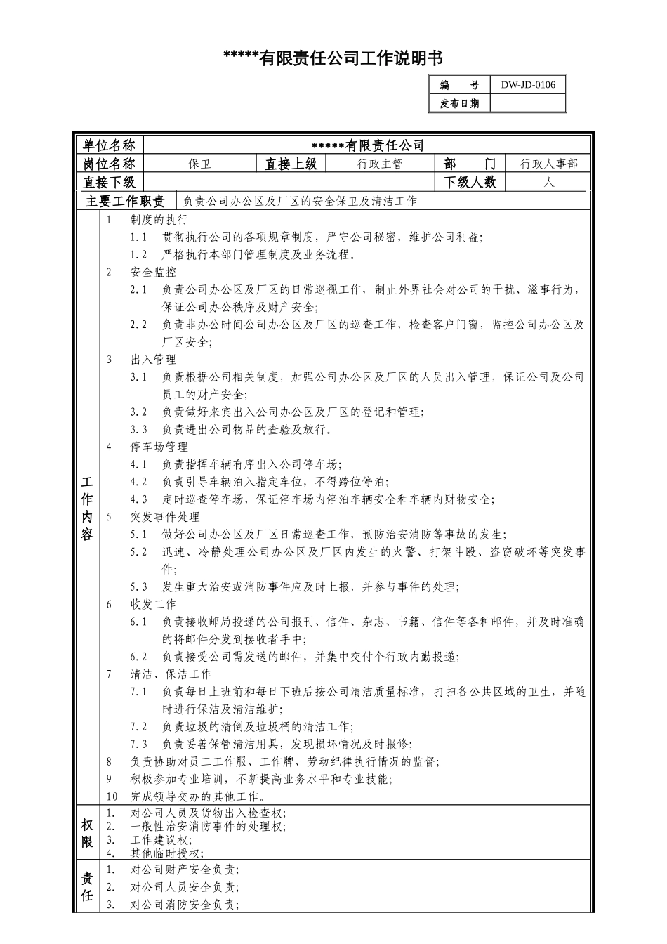 某中型制造业保卫岗位说明书及KPI指标_第1页